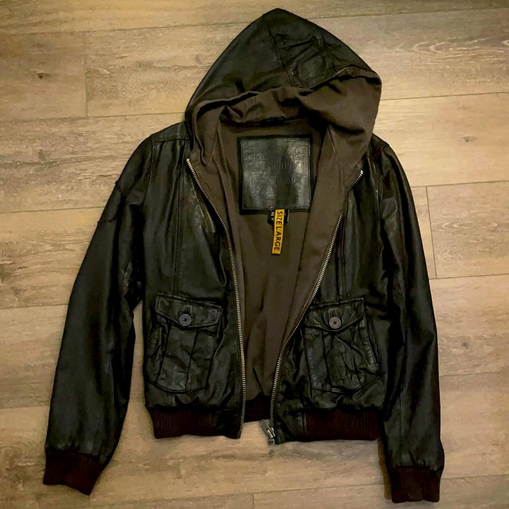 Super dry hooded brown leather jacket